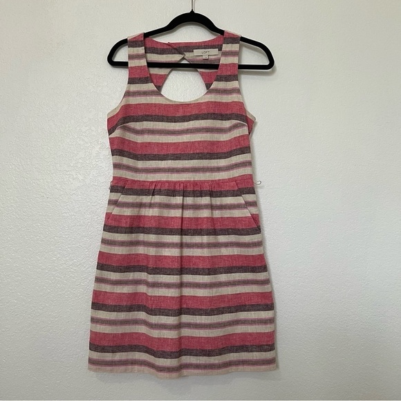 2/$30 Ann Taylor LOFT Linen Striped Sundress  Sleeveless Cutout Back.  SZ 2 - Picture 2 of 16
